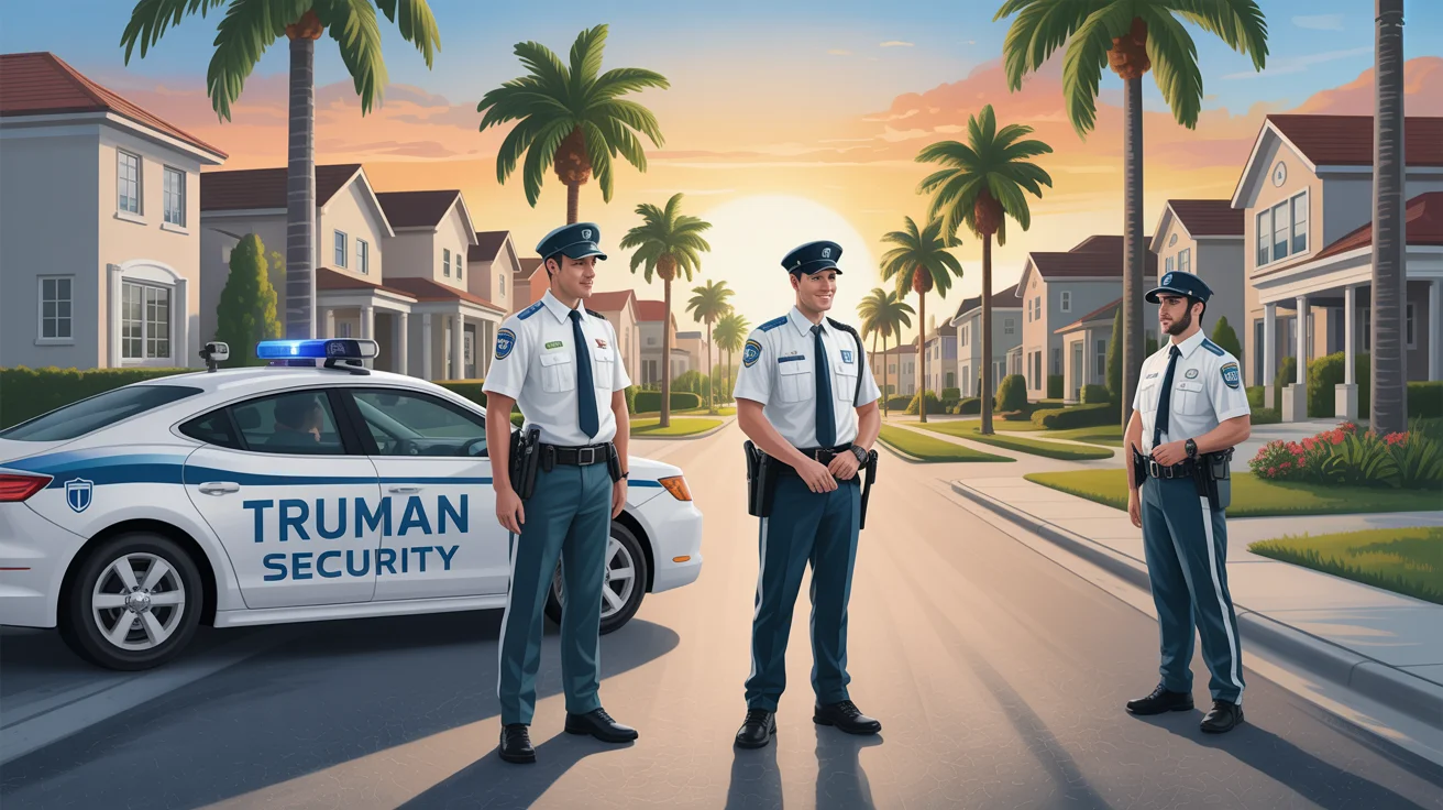 Realistic high-quality image of Truman Security Company providing HOA security in Miami–Dade and Broward County. Professional security guards in crisp uniforms with “Truman Security” logo on shirts and patrol vehicles. Guards patrolling a gated community with palm-lined streets, tropical landscaping, and elegant homes. Modern security cameras, warm sunset lighting, and a friendly interaction between a guard and residents. Photorealistic, professional, trustworthy tone.