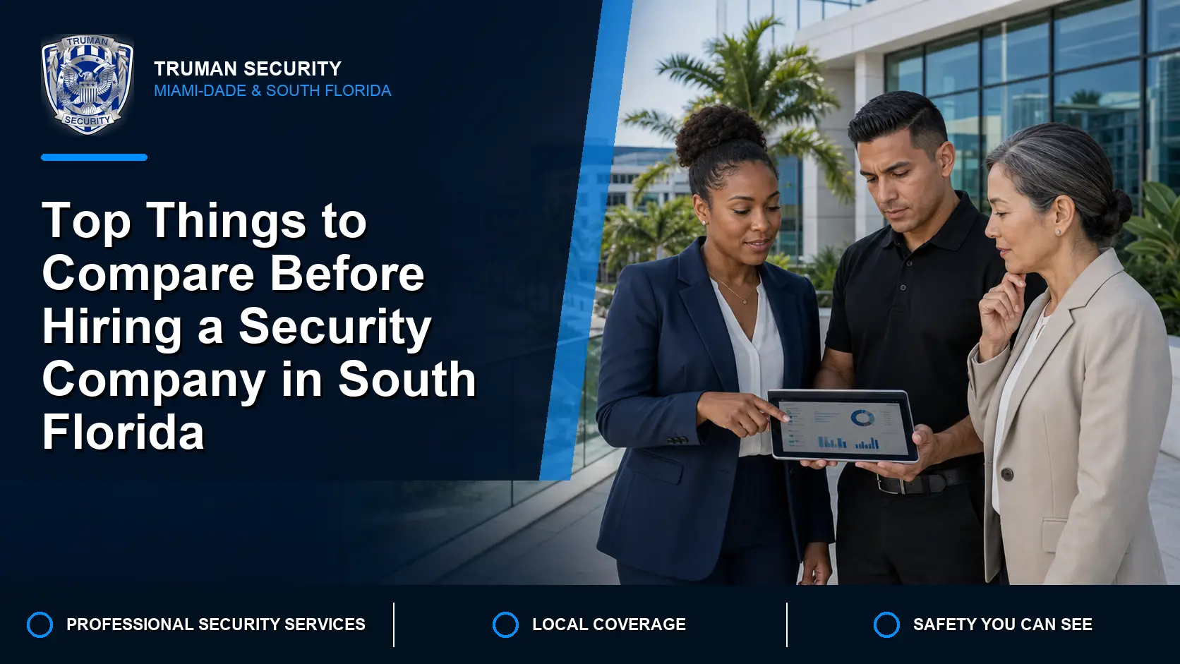 Truman Security cover image showing a diverse property management team comparing security company options in South Florida