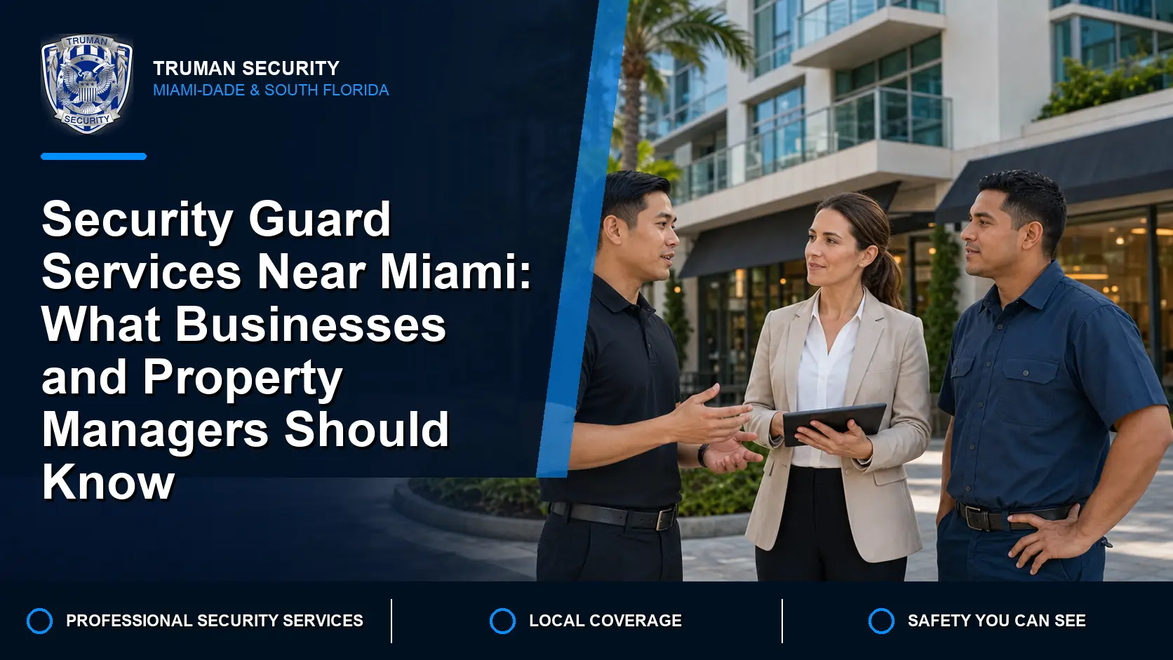 Truman Security cover image showing a private security guard speaking with business and property management professionals near a Miami property